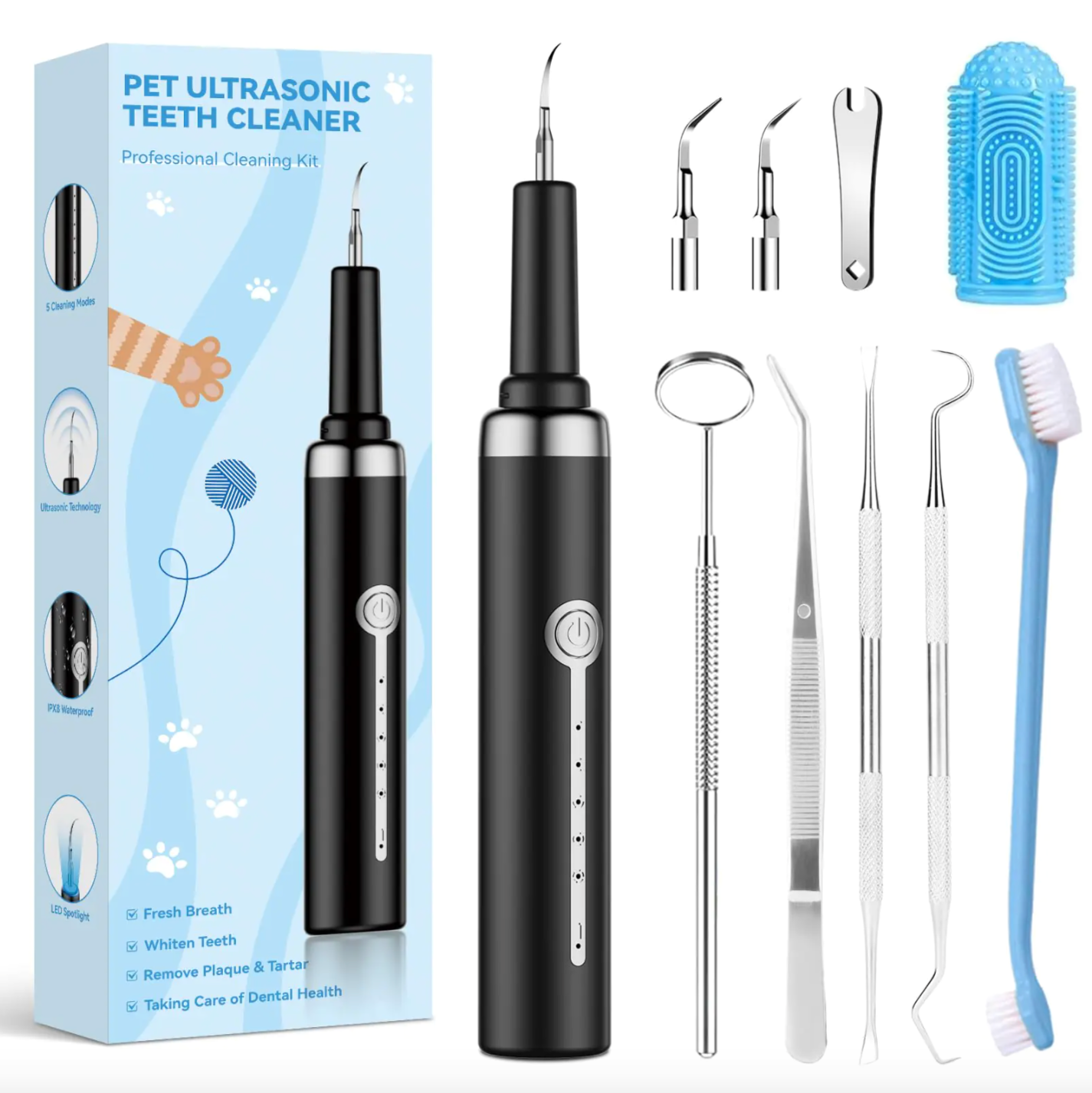 Ultrasonic Dog & Cat Tooth Cleaning Kit – 5‑Mode Tartar & Plaque Remover Kit for Healthier, Whiter Teeth
